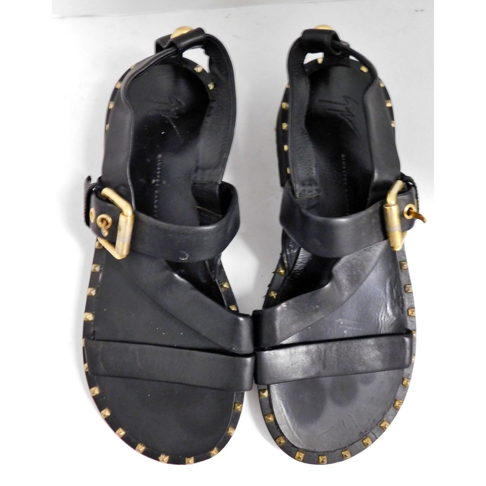 Giuseppe Zanotti Black Leather Strappy Gold Studded Flat Sandals Mens sz 43.5